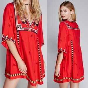 Free People Red V-neck W/ Multicolor Geometric Embroidery Shirt, Size M